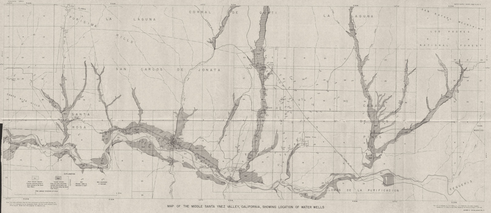 CALIFORNIA. Santa Barbara County. Map Middle Ynez Valley, water wells 1944